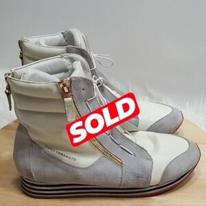 Y-3 YOHJI YAMAMOTO White Gray Suede High Top Wedge Leather Snkr 7.5/8